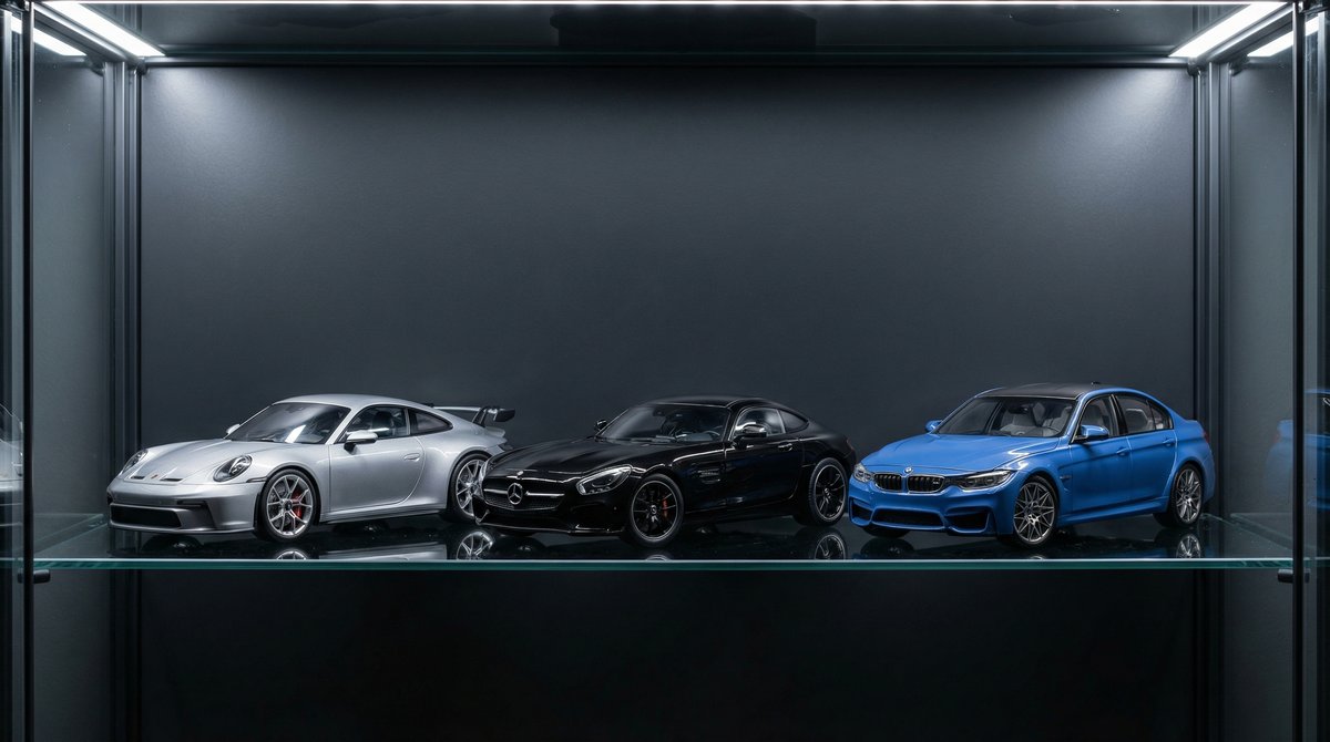 Kolekciniai 1:18 mastelio Porsche, Mercedes-Benz ir BMW automobilių modeliai stiklinėje vitrinoje