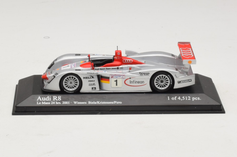 Audi R8 LMP #1 F. Biela / E. Pirro / T. Kristensen 24 Hours of Le Mans Winner 2001 Minichamps 1:43 400011201 Metalas