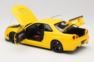 Nissan Skyline GT-R R34 Customized Version Geltonas MotorHelix 1:18 M83412 Metalas - nuotrauka 5 iš 8