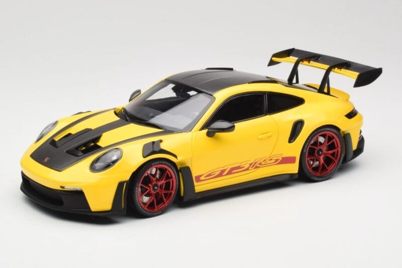 Porsche 911 992 GT3 RS Racing Yellow Weissach Package & Red Wheels Minichamps 1:18 110062025 Metalas