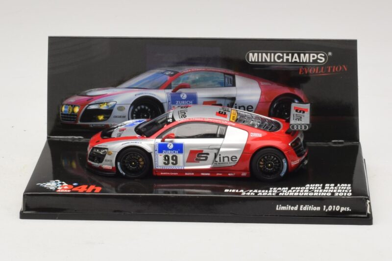 Audi R8 LMS GT3 #99 F. Biela / M. Fassler Phoenix Racing 24 Hours of Nurburgring 2010 Minichamps 1:43 Audi R8 LMS GT3 #99 F. Biela / M. Fassler Phoenix Racing 24 Hours of Nurburgring 2010 Minichamps 1:43 437101999 Metalas
