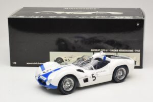 Maserati Tipo 61 #5 S. Moss / D. Gurney Camoradi ADAC 1000km Nurburgring Winner 1960 Minichamps 1:18 100601205 Metalas - nuotrauka 8 iš 8
