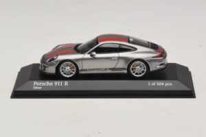 Porsche 911 991.1 R Sidabrinis Su Oranžinėmis Juostomis Minichamps 1:43 410066222 Metalas